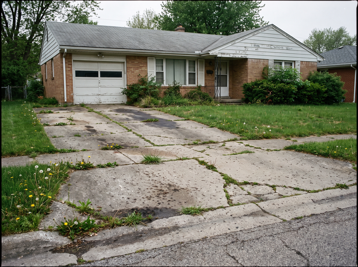 Cracked concrete driveway before removal