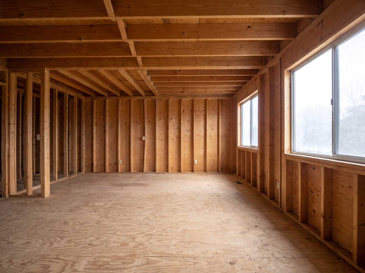 The same unit stripped to studs, structure clean and intact
